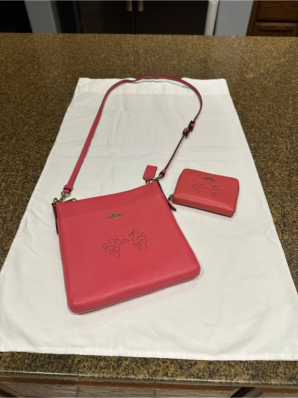 Coach Pink Mickey and Minnie  Leather Crossbody Bag and matching wallet.  New.